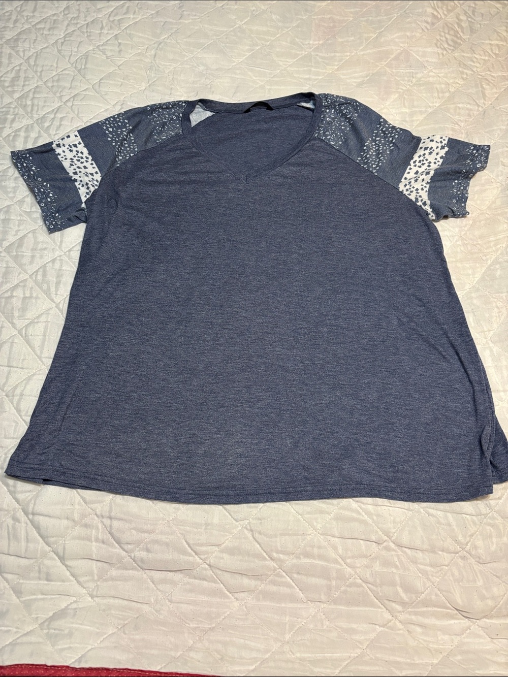 BloomChic Navy Short Sleeve V-Neck Top with Patterned Sleeves